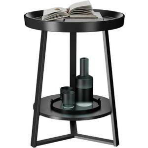 Gadroad Round End Table with Storage Shelf, 2 Tier Farmhouse Side Table Nightstand for Living Room, Bedroom, Wood Tabletop & Black Metal Frame, Black 15.7 * 15.7 * 23.0inches