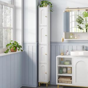Hzuaneri 4-Tier Narrow Tall Storage Cabinet, Slim Bathroom Storage Cabinet with 4 Adjustable Feet and Shelves, Bathroom Organization for Small Space, Kitchen, Living Room, Laundry Room White BC42213G, 7.9 "D x 7.9 "W x 70.9 "H