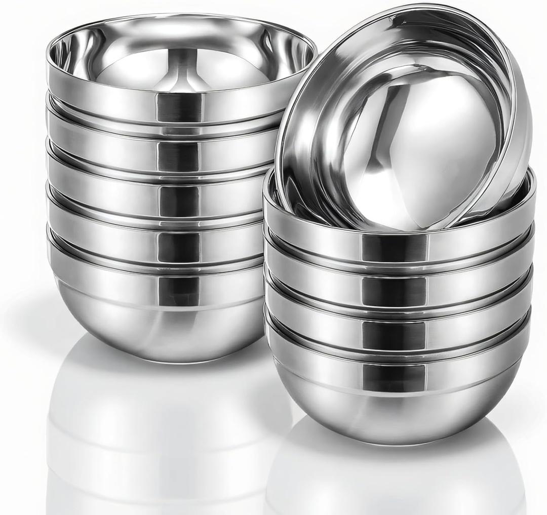 10 Pack Stainless Steel Bowls, 5 Inch Snacks Bowl 15 Oz Soup Bowl Double Walled Insulated Metal Serving Dishes for Sauces, Rice, Noodle, Ice Cream