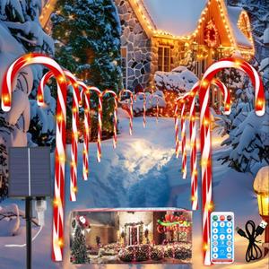 Solar Candy Cane Christmas Decorations, 12 Pack Solar Pathway Stake Lights with 8 Modes and Timer, Waterproof Garden Lights for Christmas Patio Yard Walkway Decorations