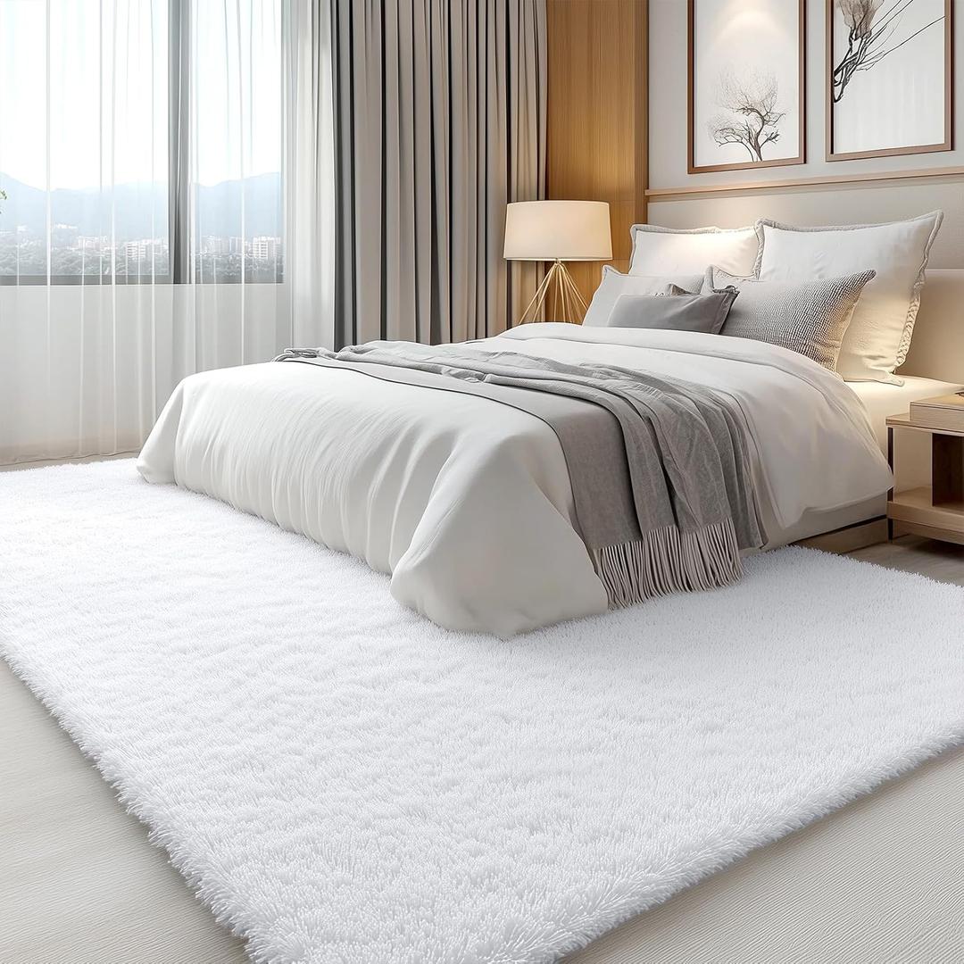 OLANLY 6x9 Machine Washable Large Area Rugs for Living Room, Bedroom, Soft Fluffy Shaggy Bedside Rug, Indoor Floor Carpet for Kids Girls and Boys, Dorms, Nursery, Home Decor Aesthetic, White