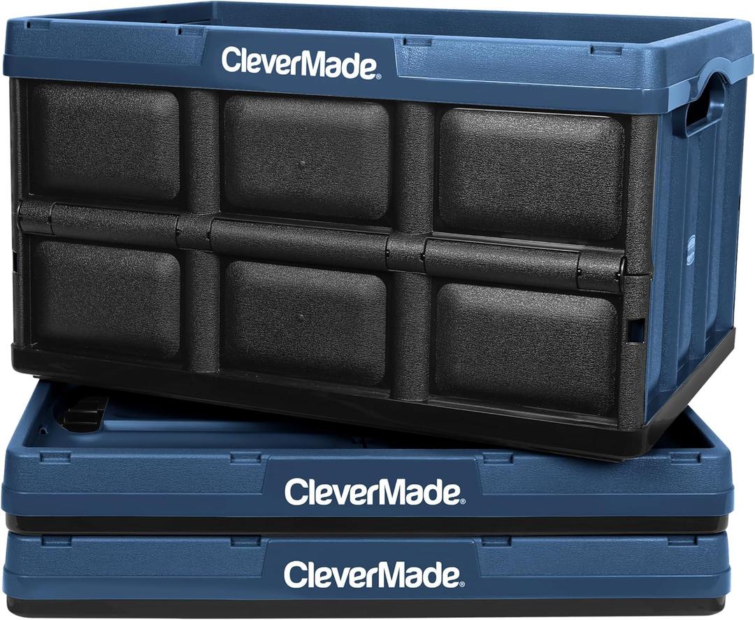CleverMade Collapsible Storage Bins 62L (3-Pack)  Heavy Duty Collapsible Plastic Storage Bins, Large Stackable Folding Storage Bins for Garage, Car, Grocery & Home Organization - Ocean