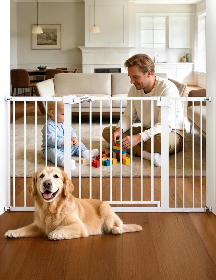 Babelio 29-55 Inch Extra Wide Baby/Dog Gate, PressGuard P7, Metal Auto Close, Pressure Mounted Pet Door for Doorways, NO Need for Tools and Drilling, with Wall Cups, White
