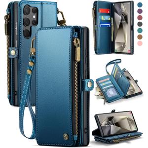 Defencase Compatible with Samsung Galaxy S23 Ultra Case Wallet with RFID Blocking Card Holder for Women Men, PU Leather Magnetic Snap Flip Zipper Strap Phone Case Fit for Galaxy S23 Ultra 5G, Blue