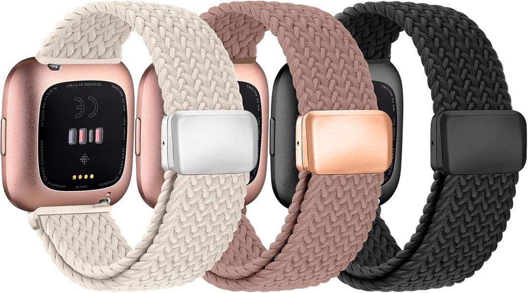 Braided Bands Compatible with Fitbit Versa 2 Bands for Women/Versa/Lite/SE Band, Magnetic Clasp Elastic Fabric Sport Nylon Smartwatch Band for Fitbit Versa2/1/Lite/SE for Women Men (Black/Starlight/Pink Sand)