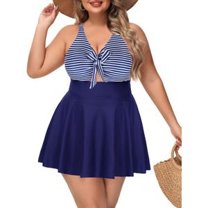 NIeyook Womens Plus Size One Piece Swimsuit with Skirt V Neck Cutout Flowy Swim Dress Tummy Control Bathing Suit (Navy Blue Stripes, Size 22Plus)