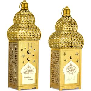 Honoson Eid Ramadan Lantern Large Golden Temple Moroccan Lantern Lamp Ramadan Decorations for Home, Hanging, Outdoor Patio or Indoor Home Decor, Gold, with LED String Lights(Elegant)