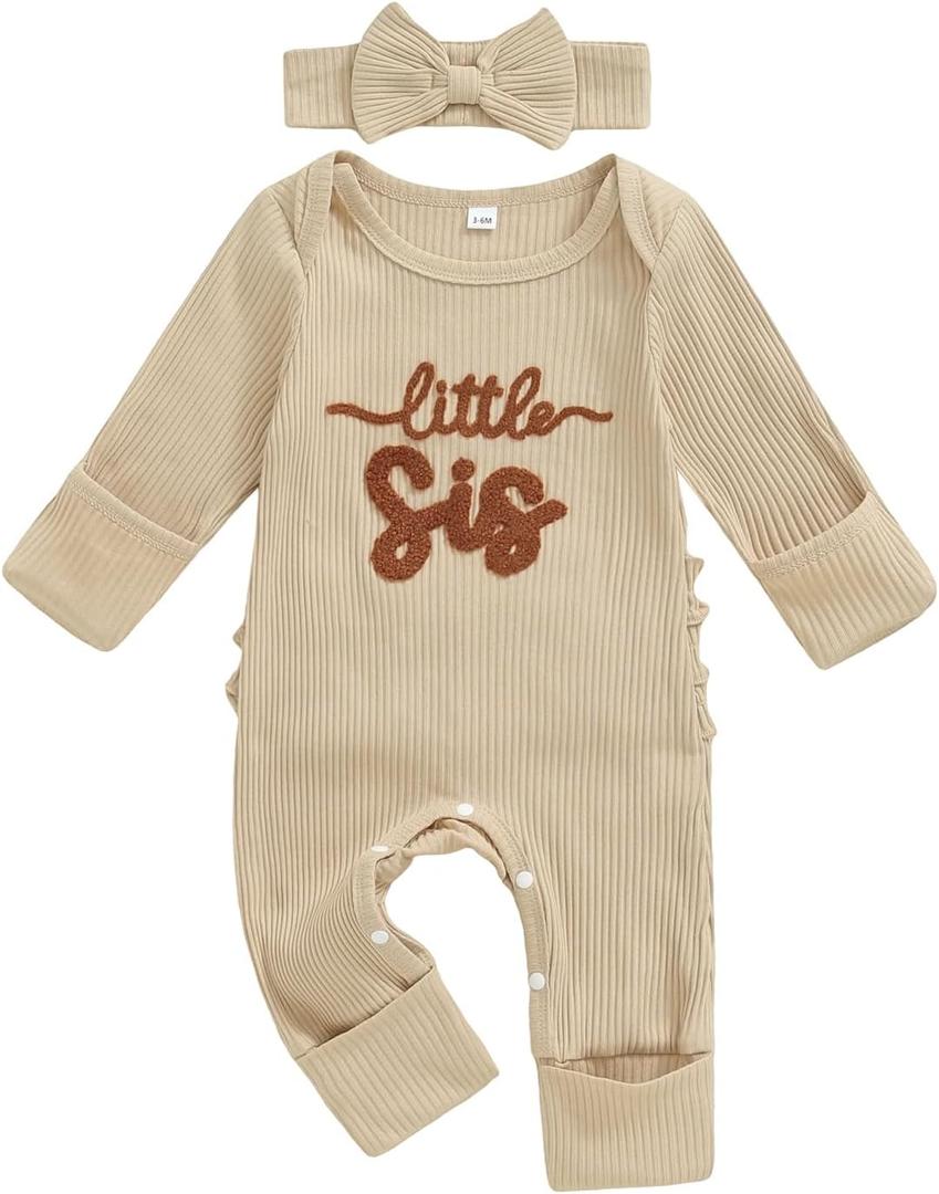 allshope Infant Baby Girl Fall Outfit Sweatshirt Romper Little Sister Lil Sis Long Sleeve Jumpsuit Newborn Clothes (Little Sis Beige, Newborn)