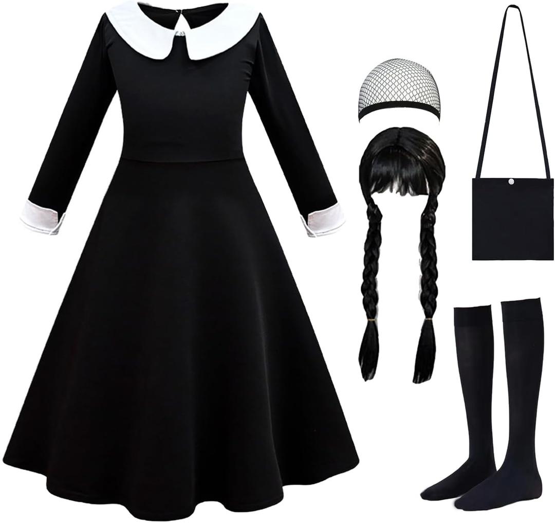 Black Costume Girls with Wig Socks Kids Toddler Black Family Dress Halloween Cosplay Outfits (4-5T)