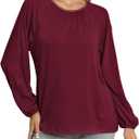 Womens Long Sleeve Tops Lace Crew Neck Dressy Casual Smocked Shirts Loose Fit Business Work Blouses Fall Clothes (L)