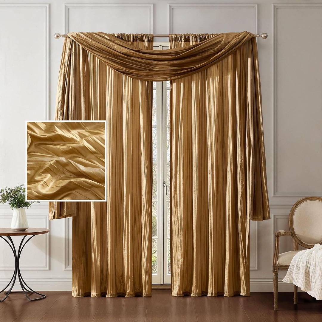 Elrene Home Fashions Athena Faux Crushed-Silk Window Curtain Panel and Valance Set, 52"x95" (2 Panels) & 1 Valance, Gold