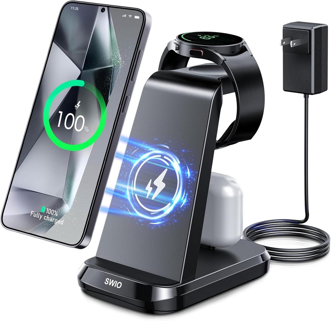 Wireless Charger for Samsung Phones Watch Earbuds(Not for Z Flip & A Serie-Phone),SWIO 3 in 1 Charging Station for Galaxy Watch 7/Ultra/6/5/4/3,S25 S24 S23 S22 S21 S20/Note 20 10/Z Fold 4 3,Buds/2/Pro (Black)