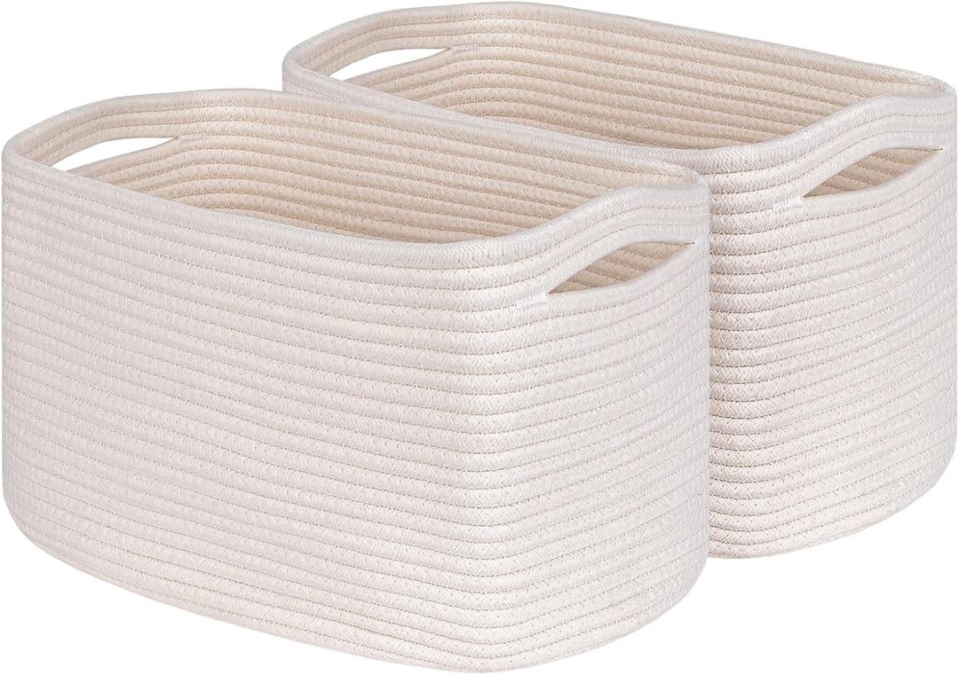 Off White Storage Cubes Baskets Bins for Shelves - Set of 2 Rectangular Closet Organizers, Woven Rope Baskets for Baby Nursery (2pcs-13"D x 10"W x 8.26"H)