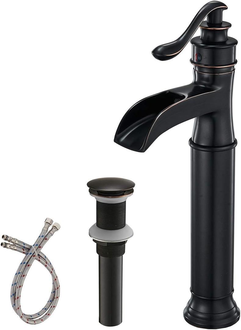 BWE Waterfall Spout Oil Rubbed Bronze Bathroom Faucet Single Handle One Hole Vessel Sink Faucet ORB Lavatory Faucets Deck Mount Tall Body Commercial
