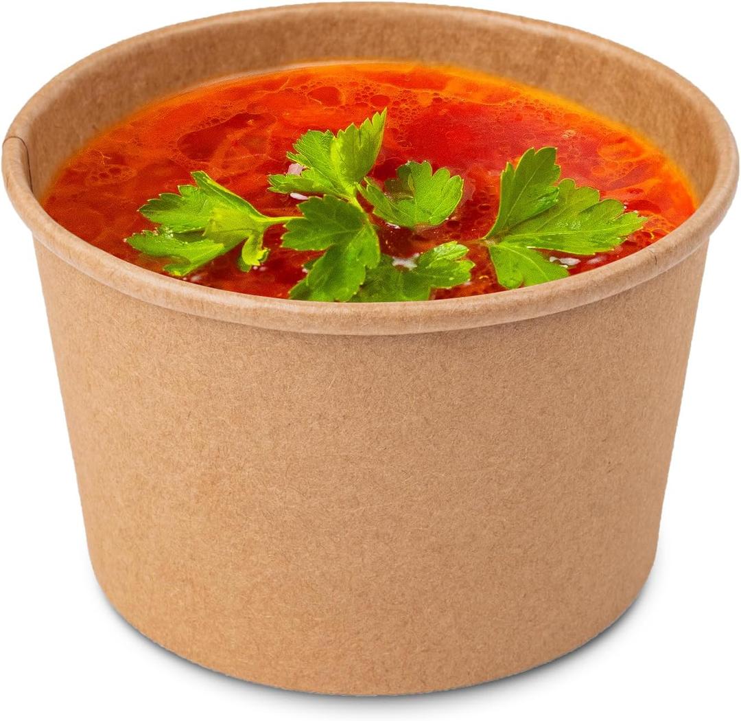 PakTalk Paper Soup Containers with Lids, 50 Pack Brown Soup Bowls Biodegradable Ice Cream Cups with LidS for Hot Soup or Ice Cream (50 sets, 8 oz)