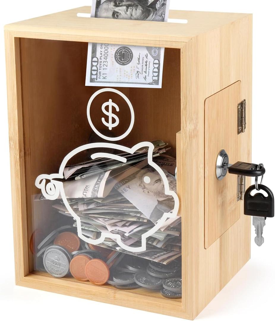 Clear Piggy Bank with Lock, Large Money Saving Jar Money Bank Box Container for Cash Saving, Openable Clear Money Coin Change Bank Jar Container Penny Piggy Jar Bank for Adults Kids, Bamboo