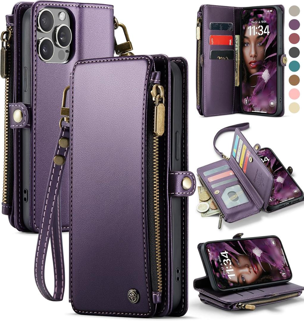 Defencase Compatible with iPhone 14 Pro Max Case Wallet with RFID Blocking Card Holder for Women Men, PU Leather Magnetic Snap Flip Zipper Strap Wallet Phone Case Fit for iPhone 14 Pro Max 6.7, Purple