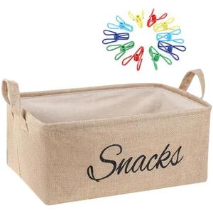 Newtay 17 Pcs Snack Basket Sets, Snack Storage Bin for Pantry Shelves with 16 Pcs 2 Inch Chip Clips, Basket Organizer for Kitchen Home, Chips, Popcorn, Candy, Pretzels(Burlap,Khaki)
