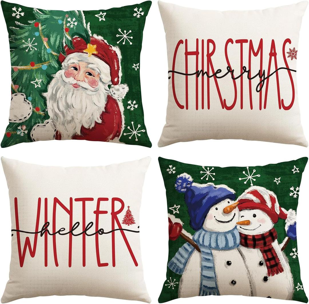 OTOSTAR Set of 4 Green Christmas Throw Pillow Covers 20x20 Inch Winter Xmas Decorative Pillow Case Cover for Sofa Living Room Holiday Decor (Green- Santa Claus and Couple Snowman)