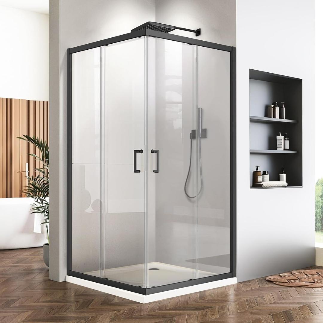 Corner Shower Enclosure, 36 in. D x 36 in. W x 72 in. H Double Sliding Glass Shower Door Square Opening Shower Enclosure with 1/4" Tempered Clear Glass Corner Shower Doors (Shower Base Not Included) (Black)