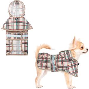 KOOLTAIL Dog Raincoat Hooded Slicker Poncho with Leash Hole, Raincoat for Small Medium Dogs, Waterproof Doggie Rain Jacket with Reflective Strip, Adjustable Breathable Plaid Puppy Rainwear,Beige, Small (Pack of 1)