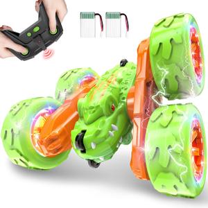 SpringFlower Remote Control Car Toy for Boys 3 4 5 6 7 8 Years Olds, Rechargeable Dinosaur RC Cars,360 Flip Double Sided RC Stunt Cars with Led Light,Dinosaur Toys for Kids Birthday Xmas Gifts,Green