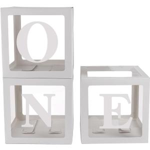 Sooyee First Birthday Decorations For Boy Or Girl, 3 Pcs ONE Balloon Boxes For 1st Birthday, Baby Clear Blocks Party Decor With ONE Letters For Photoshoot Props, Cake Smash Backdrop (White)