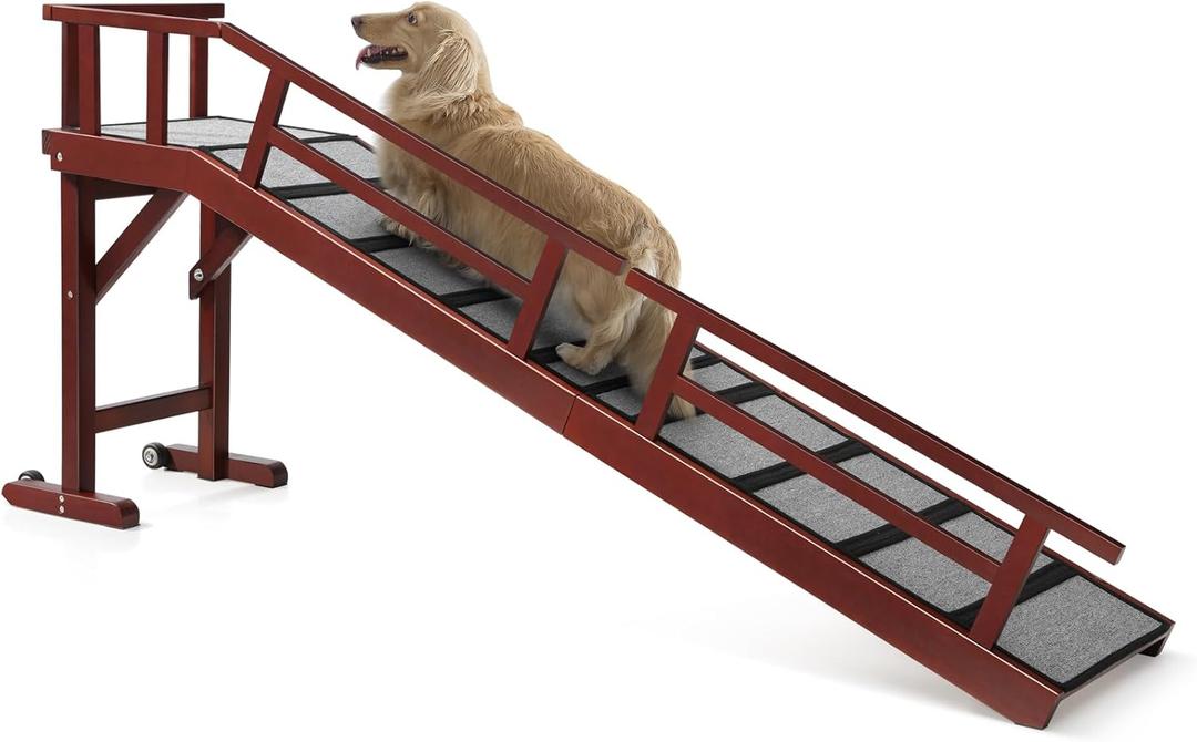 KUVETO Dog Ramp for Bed or Couch, Wooden Pet Ramp with 20° Gentle Slope, Removable Side Rails, Non-Slip Surface, Top Platform & Wheels, Safe Bed Ramp for Small, Large & Senior Dogs, 74" Long, Mahogany
