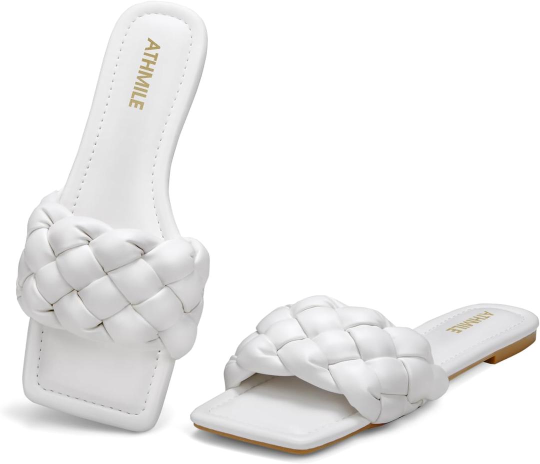 ATHMILE Braided Womens Sandals 2026 Square Open Toe Fashion Slide Sandals Women Dressy Summer Flat Beach White Size 9