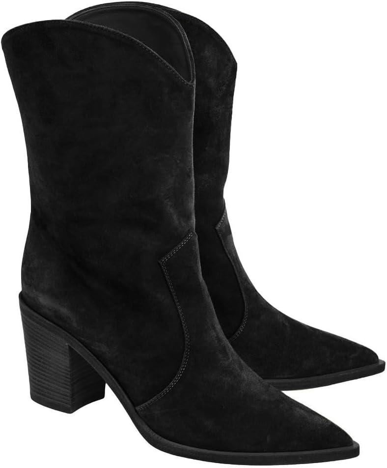 Coutgo Womens Cowboy Mid Calf Boots Chunky Block Heel Pointed Toe Suede Western Cowgirl Boots (6, Black)