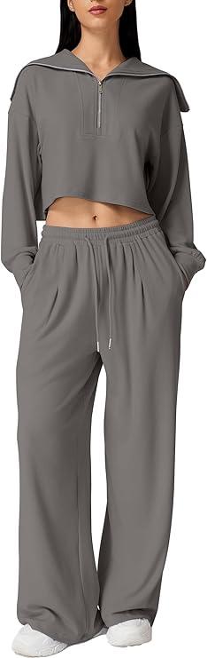 QINSEN Women Cozy 2 Piece Lounge Matching Set Wide Leg Sweatpants Half Zip Crop Sweatshirt Outfits, Size S