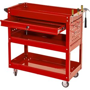 3 Tier Rolling Tool Cart with Wheels, Tool Box with Drawers Universal Chest Lockable Wheels, Utility Industrial Service Car Adjustable Shelf and Locking Mechanism, for Workshop, Repair Shop (Red)