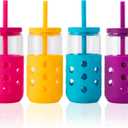 Mrsdry Glass Cups with Lids and Straws (4 Pcs), 16oz Drinking Glasses Set with Silicone Sleeves for Coffee Bar Accessories Iced Coffee Cups with Lids, Glass Tumbler Reusable for Gifts
