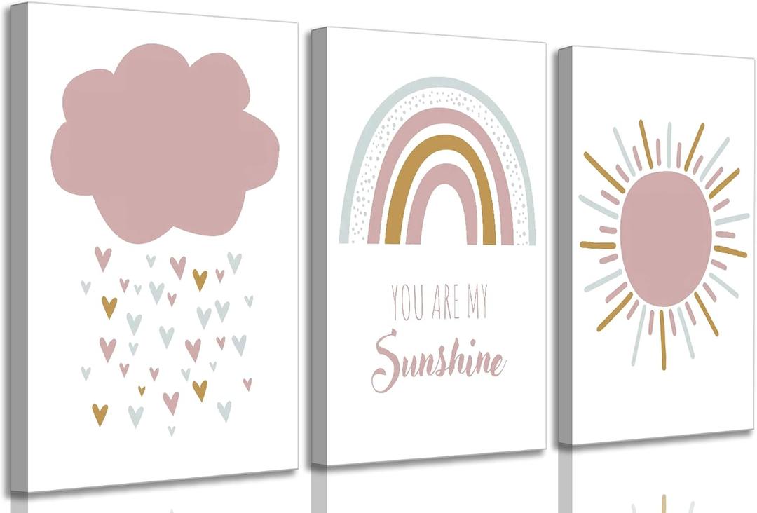 3 Pcs Boho Nursery Canvas Wall Art You Are My Sunshine Pink Sun Rainbow Cloud Painting Pictures Wall Decor Poster Print Artwork for Girls Baby Room Kids Room Home Decoration (16L"x12W")