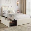 GarveeHome Twin Bed Frame with Storage Headboard, Kids Bed Frame with 2 Drawers, Boucle Upholstered Platform Bed with Bookcase, No Box Spring Needed, Easy Assembly, Ivory White