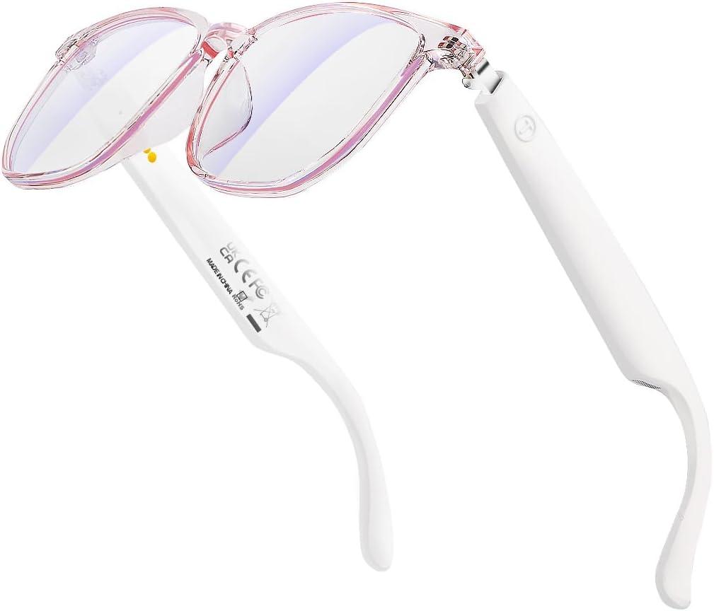 Bluetooth Audio Smart Glasses, Smart Wireless Headphone Sunglasses for Men and Women,Built-in Mic & Speakers,Magnetic Charging (White-Pink)