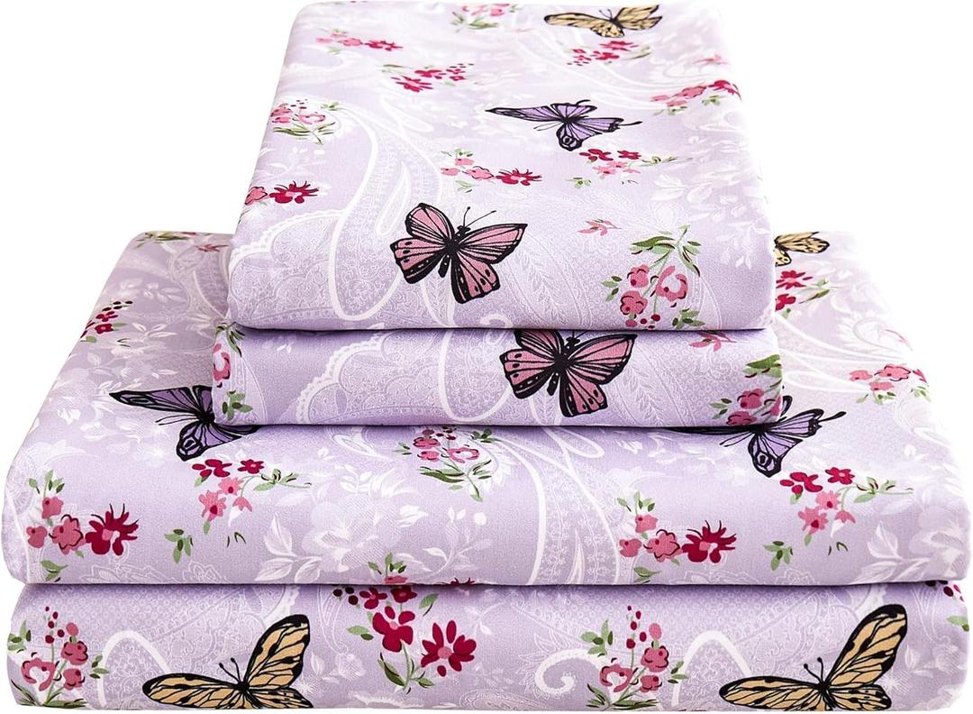 Paisley Floral Bed Sheets Queen Set, Purple Flower Printed Sheets for Queen Size Bed, Microfiber Fitted Sheet with 15" Deep Pocket and Corner Straps, Butterfly Patterned Sheet & Pillowcase Sets