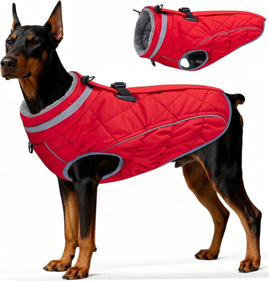 Dog Coat, Warm Dog Winter Coat for Large Dogs, Waterproof Jacket with Harness Built in, Reflective Turtleneck Cold Weather Coats with Zipper,Pet Fleece Vest Snow Jacket, Red XXL
