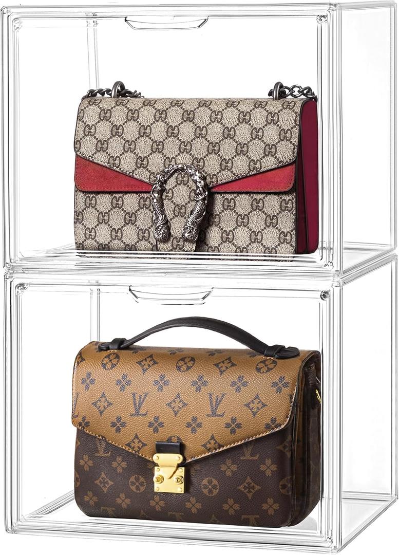 HBlife 2 Pack Purse Storage Organizer for Closet, Large Clear Stackable Handbag Display Case Box with Magnetic Door for Collectibles, Cosmetics, Women Heels and Toys