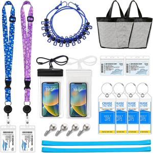 Cruise Ship Essentials 2026 Must Haves Kit- Packing List Lanyard with ID Holders,Luggage Tag Set, Waterproof Phone Holder, Magnetic Hooks, Travel Clothesline, Towel Bands, Mesh Bag Gifts