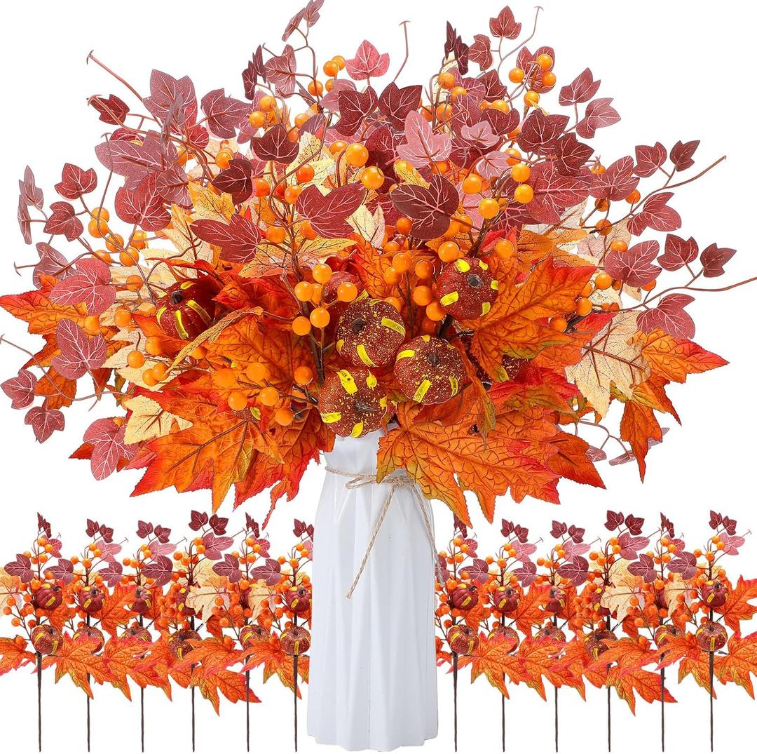 12 Pcs Pcs 20 Inch Fall Decorations Artificial Fall Flower Decor Maple Leaf Pumpkin Autumn Floral Picks Berry Stems Fake Flower Centerpieces for Table Thanksgiving Home Decor (Pumpkin)