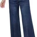 GRAPENT Pull On Womens Jeans Baggy Stretchy High Waisted Denim Wide Leg Trouser Pants Trendy Front Seam 90s Loose Jean (XX-Large, Midnight Blue)