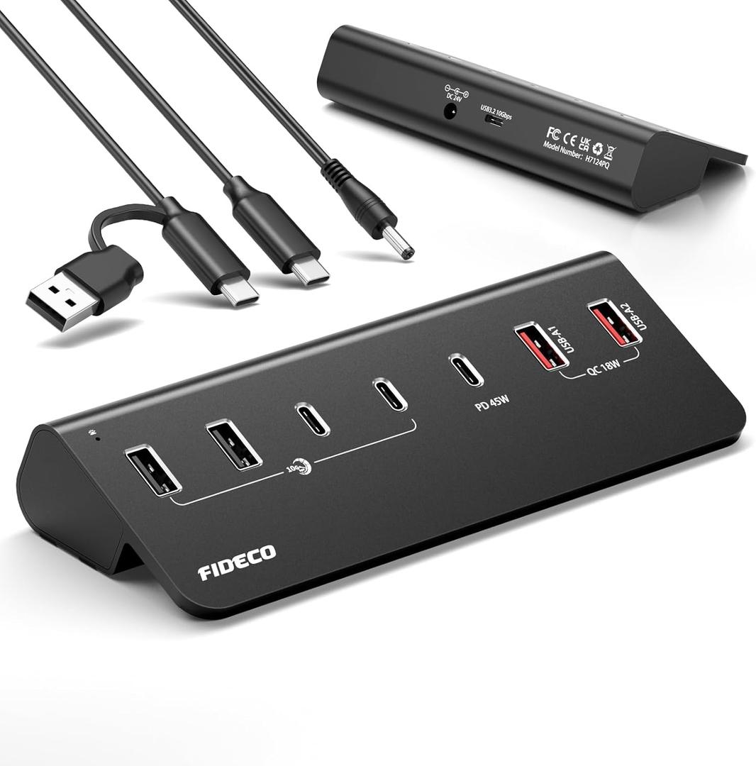FIDECO 7-Port 72W Powered USB Hub, USB C Hub with 1 PD 45W, 2 QC 3.0 Charging Ports, and 4 USB 3.2 Ports (2 USB-A + 2 USB-C), Aluminum 10Gbps USB Hub for Laptop, PC, MacBook, iPhone 17/16/15, Black