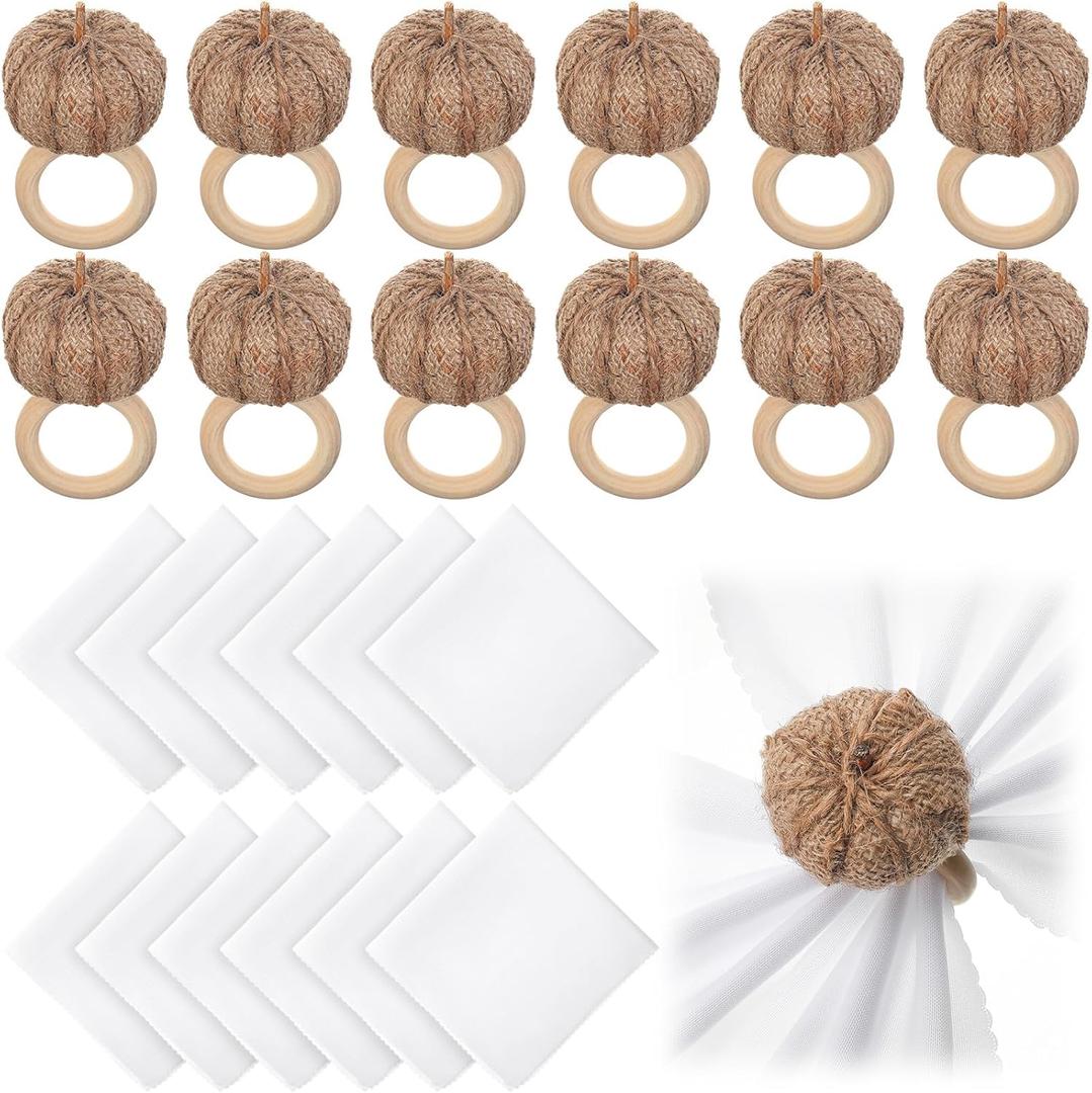 Remerry Fall Thanksgiving Napkin Rings Set of 24 Pumpkin Napkin Ring Holders with Cloth Napkin Fall Themed Napkin for Autumn Thanksgiving Dinner Table Setting Wedding Decoration (White, Burlap) (Natural Color)