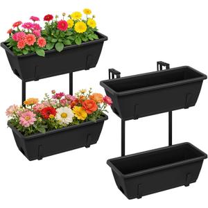 Railing Planter Box 2 Tier Window Boxes Planters Set of 2 with 4 Pack Flower Boxes 16.9 Inch Deck Railing Planter with Adjustable Brackets Black Balcony Fence Hanging Planters for Outdoor Porch Patio