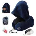 Travel Pillow with Extra Large Hood for Airplane Long Flights Privacy and Comfort Memory Foam with Velvet Cover for Road Trip Head&Neck Support for Plane Office Cars Sleeping & Rest (Navy Blue)