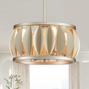 Dining Room Chandelier Over Table, 4-Light Modern Drum Light Fixture, Unique Rustic Nickel Pendant Lighting for Living Room Bedroom Kitchen Island 15.7"
