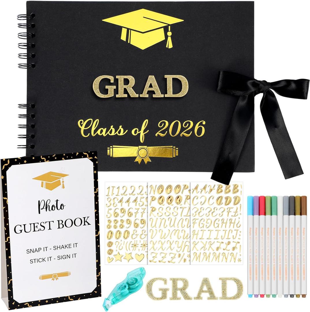Gueevin 17 Pcs 2026 Graduation Guest Book with Photo Sign Decor Class of 2026 Scrapbook Photo Album with DIY Pens Letter Stickers Tape for Grad Party Celebrations