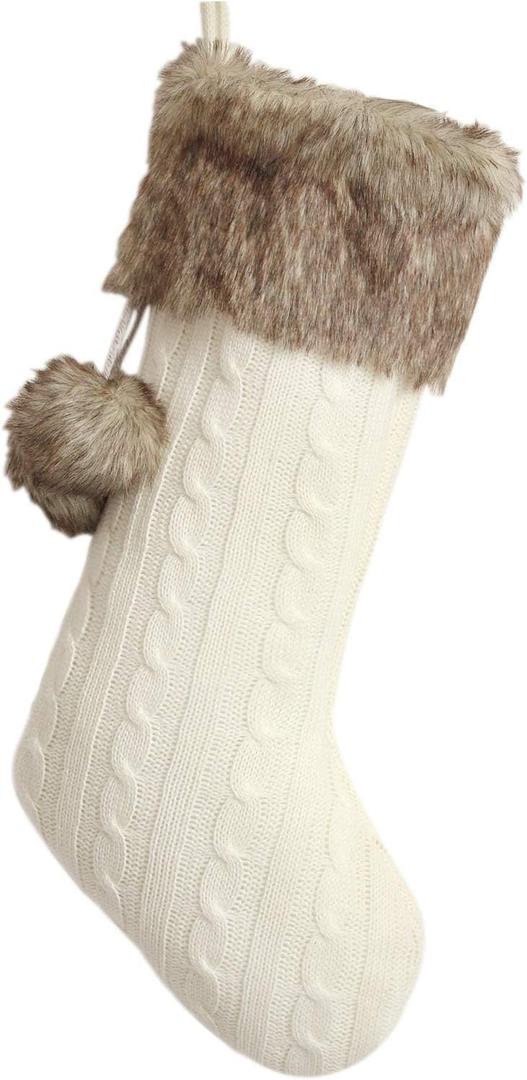 Ivory Cable Knitted Body, Faux Fur Cuff with Faux Fur Fluffy Pompom Ball Christmas Stocking, Xmas Tree Decoration Festival Party Ornament - 10"x18"