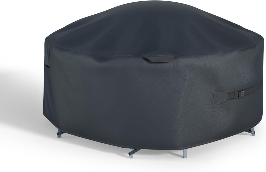 XCZ Round Patio Furniture Cover with Built-In Air Cushion, Heavy-Duty 420D Waterproof Oxford Fabric, Fits 48-68 Inch Outdoor Tables & Chairs, Includes Pump & Straps, Black (74x74x28in)